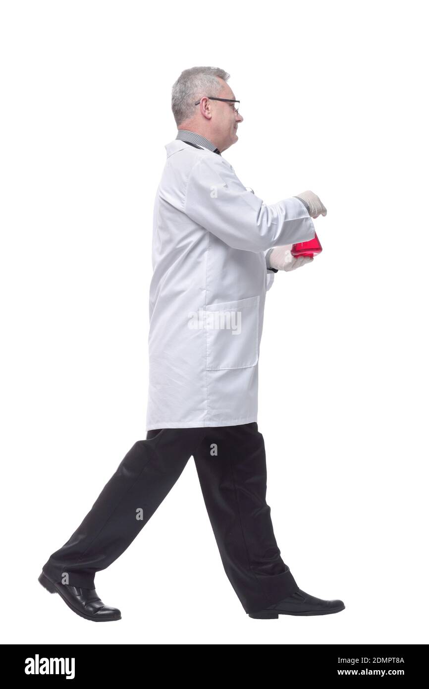 Side view of walking lab scientist isolated on white background Stock Photo