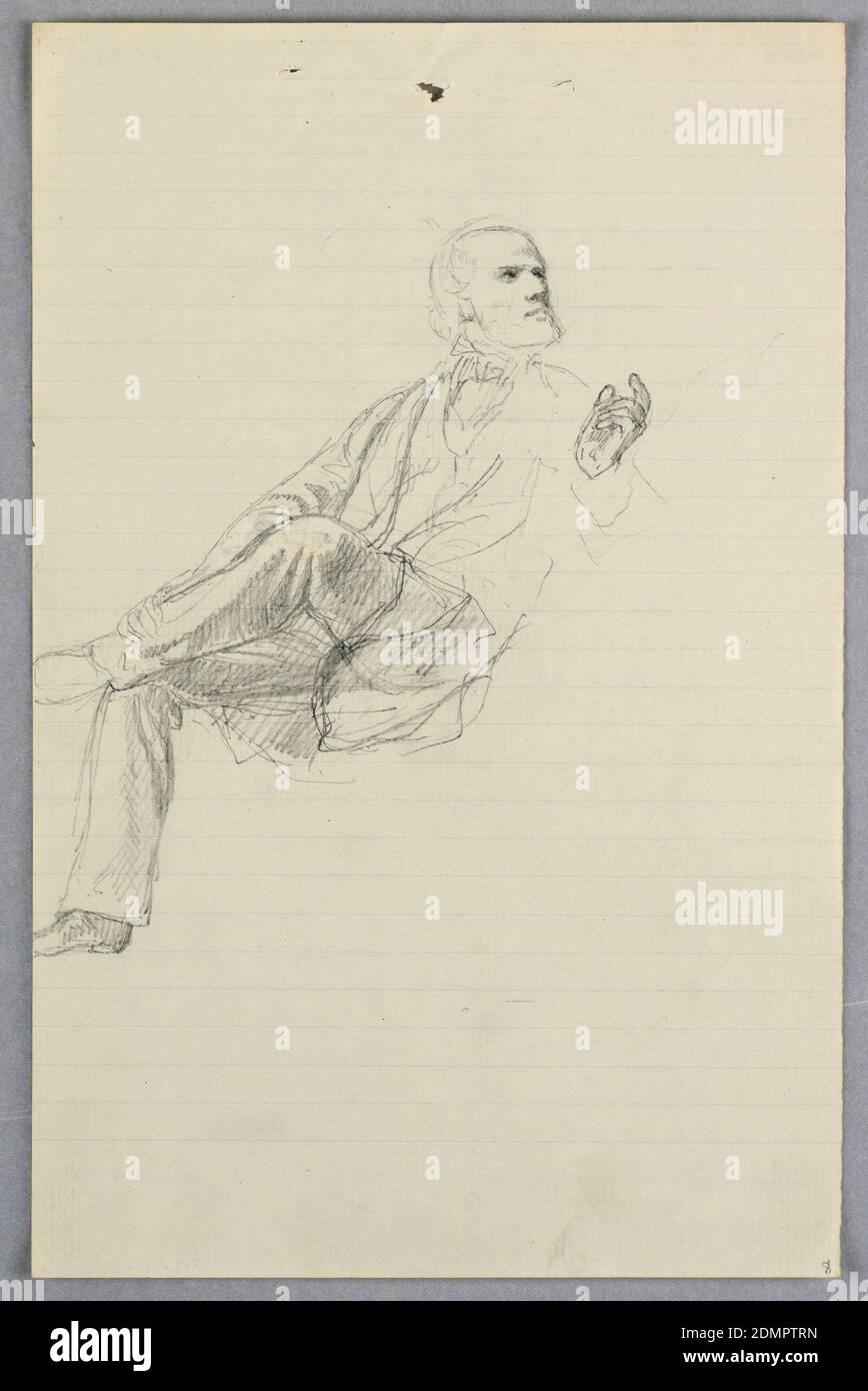 Study for 'Scientific Group', Daniel Huntington, American, 1816–1906, Graphite on lined white laid paper, Man seated facing slightly left, his head turned to the right. His left ankle on the right knee., London, United Kingdom, USA, 1858, figures, Drawing Stock Photo