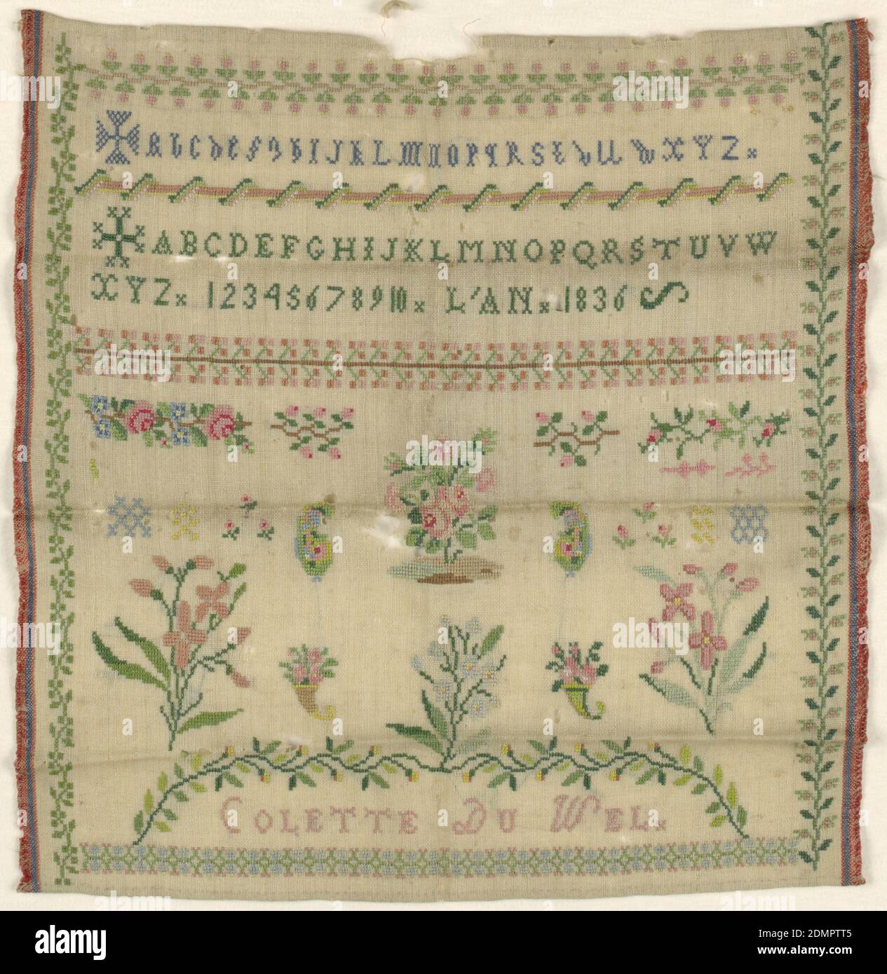 Sampler, Colette du Wel, Medium: silk embroidery on wool foundation Technique: embroidered in cross stitch (looping backward movement), on plain weave foundation, Upper third has two alphabets introduced by Maltese crosses and inscription, lower third has isolated floral motifs. Floral borders on four sides., France, 1836, embroidery & stitching, Sampler Stock Photo
