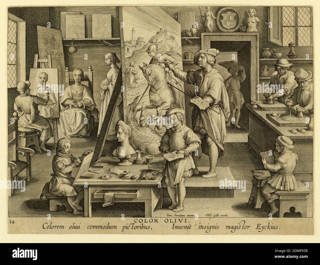 Color Olivi (Invention of Oil Painting), plate 14 in the Nova Reperta (New Inventions of Modern Times), Jan van der Straet, called Stradanus, Flemish, 1523–1605, Philips Galle, Flemish, 1537 - 1612, Engraving on laid paper, A busy art studio, with a group of artists and students at work. At the center, a painter works on a large canvas where an image of St. George and the Dragon is visible. Assistants prepare pigment. A student in the foreground copies a sculpture; another painter at background left portrays a seated woman from life., Antwerp, Netherlands, ca. 1596, Print Stock Photo