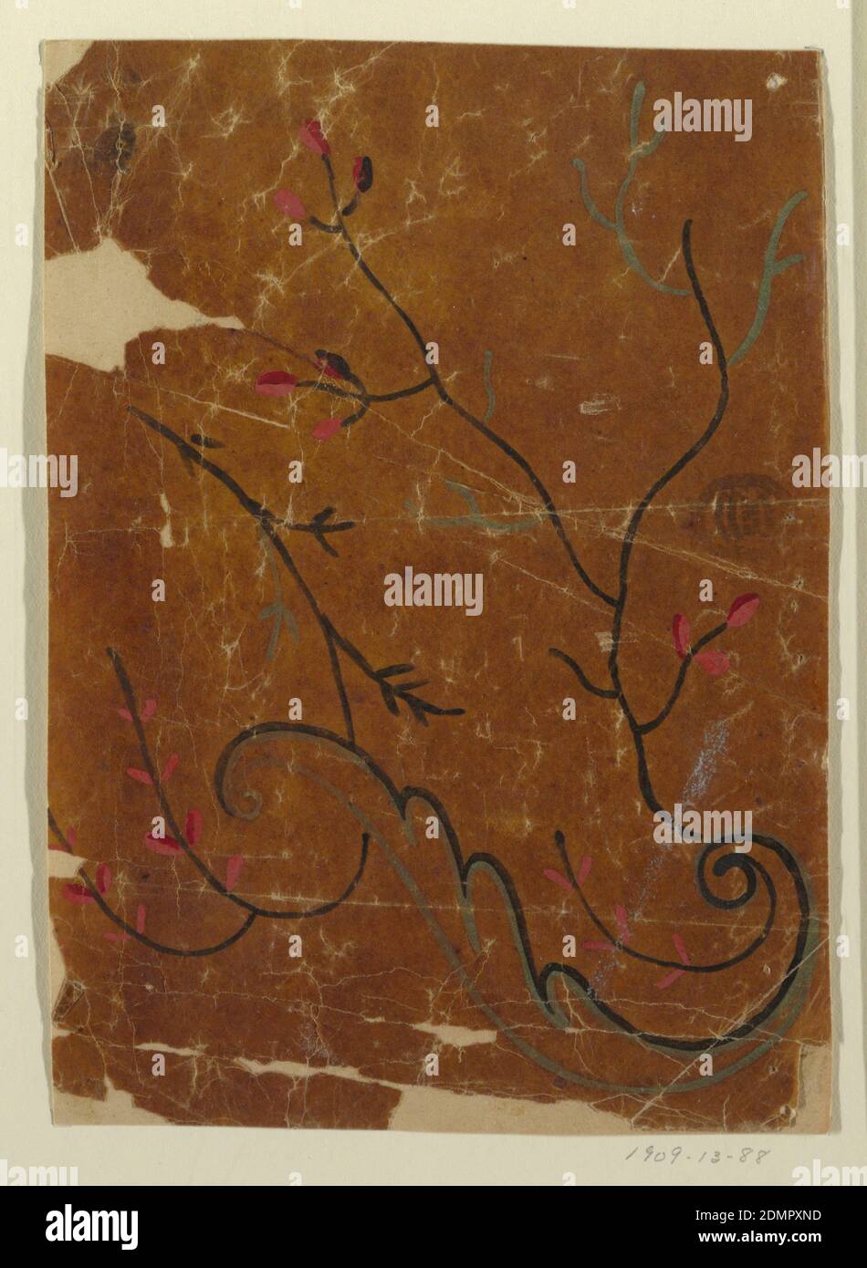 Design for a Woven Fabric, Fragment, Olive, red, and black gouache on oily tracing paper, mounted, A leaf scroll and two flower boughs., France, 1815-1840, Drawing Stock Photo