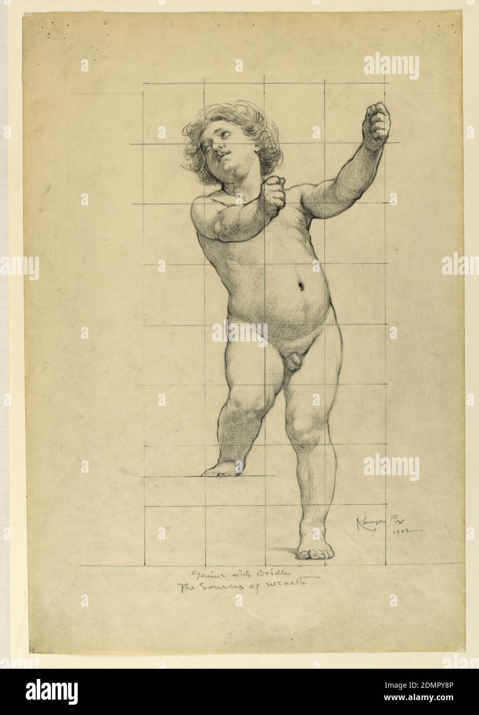 Study for 'The Sources of Wealth,' Union Trust Company Building, Cleveland, OH, Kenyon Cox, American, 1856–1919, Graphite on paper, A young male figure standing with arms extended. The paper is squared for transferring the image., USA, 1902, figures, Drawing Stock Photo