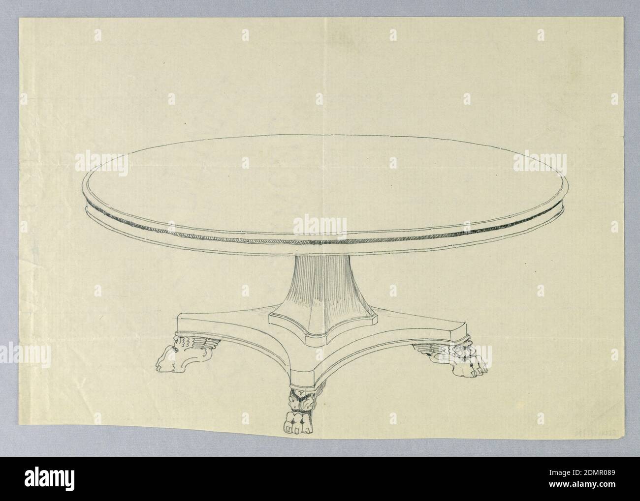 Design for Round Dining Table on Winged Animal Paw Feet, A.N. Davenport Co., Graphite on thin cream paper, Round molded table top raised on flaring molded rectangular support, standing on molded rectangular base with 4 winged animal-paw feet., 1900–05, furniture, Drawing Stock Photo