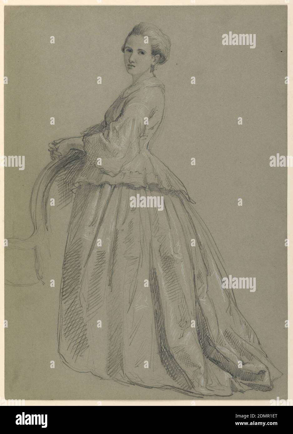 Study of Sophia Chew for 'The Republican Court' (Lady Washington's Reception Day), Daniel Huntington, American, 1816–1906, Graphite, white chalk on grey wove paper, Woman standing, her body turned to the left, looking over her left shoulder at the viewer. Her hands on the back of an armchair., USA, 1860, figures, Drawing Stock Photo