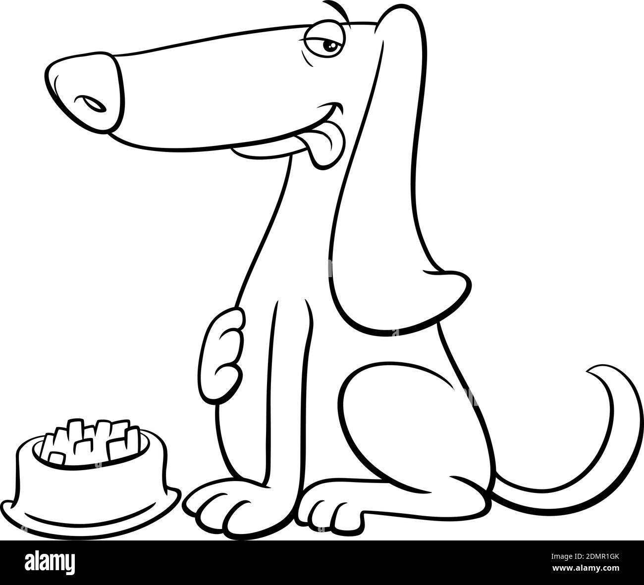 Black and white cartoon illustration of hungry dog comic animal character with his food coloring book page Stock Vector