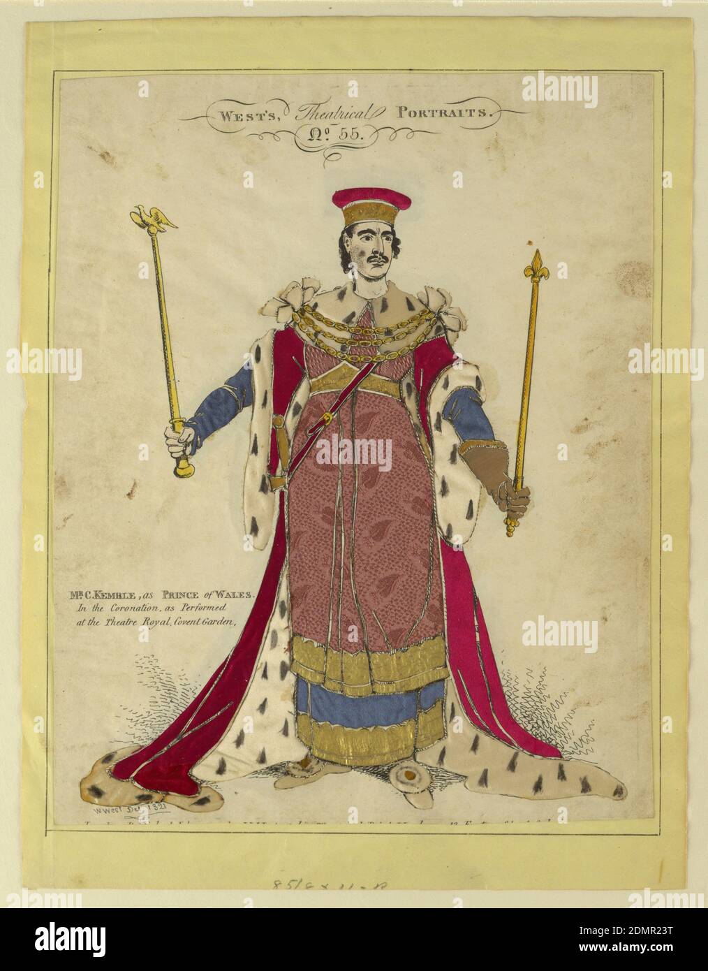 Charles Kemble as the Prince of Wales, W. West, Engraving, embossed foil, fabric, Vertical rectangle. The full-length portrait of a man, facing the spectator. He is dressed in full ceremonial robes, and carries the symbols of his rank in his hand. Thoses areas, including the costume, have been cut out and replaced by tinsel and silk., England, 1821, theater, Tinsel picture, Tinsel picture Stock Photo