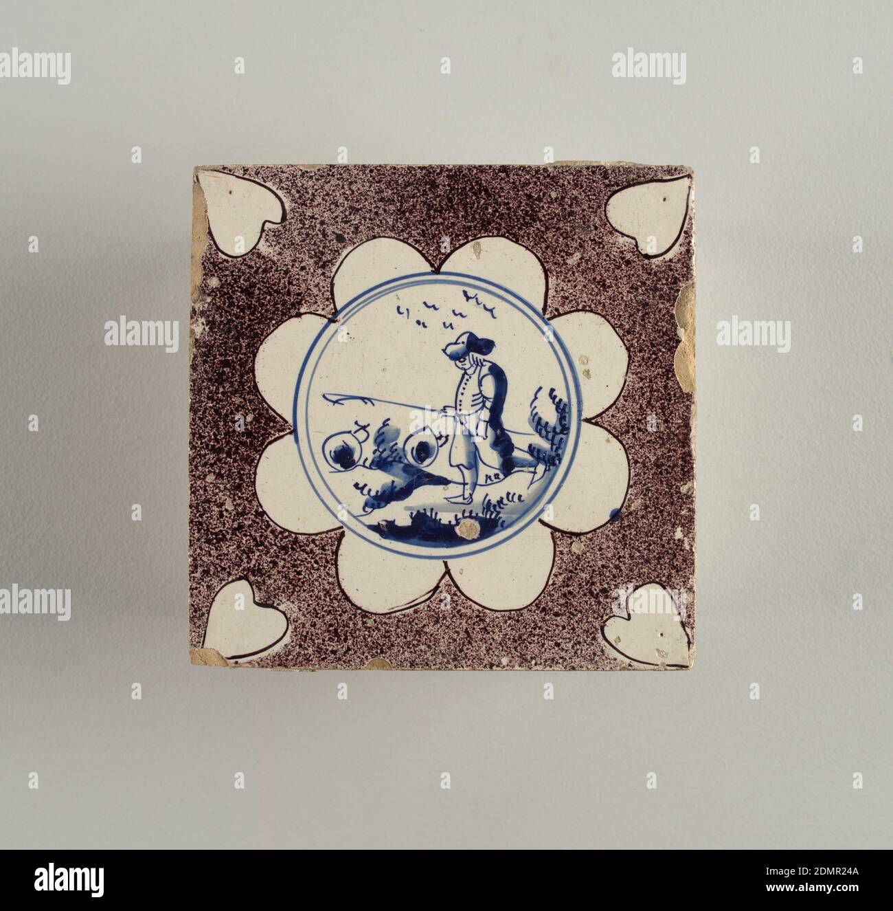 Tile, Earthenware, Earthenware in manganese, white and blue