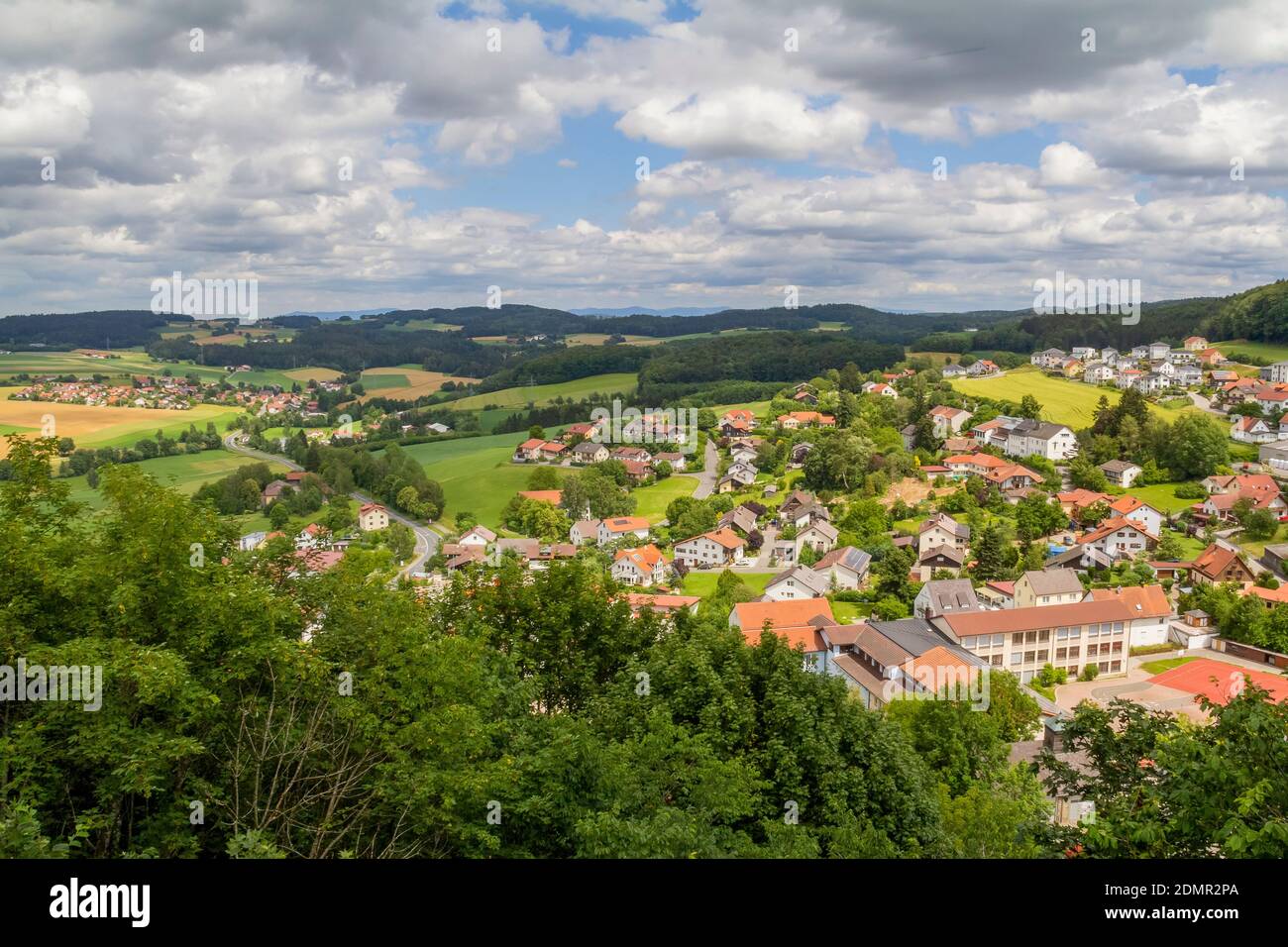 sunny aerial scenery around Falkenstein castle in the Bavarian Forest at summer time Stock Photo