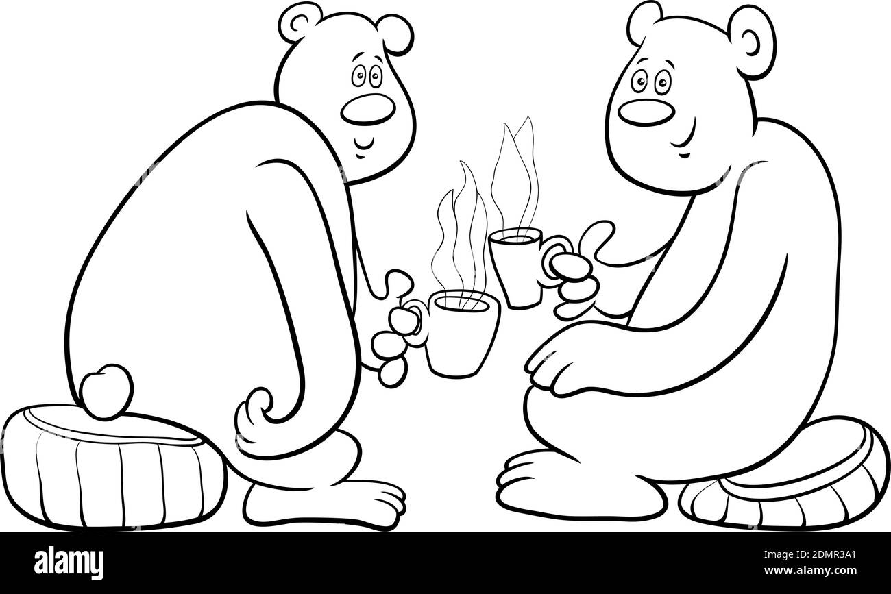 Black and white cartoon illustration of two bears comic animal characters drinking tea coloring book page Stock Vector