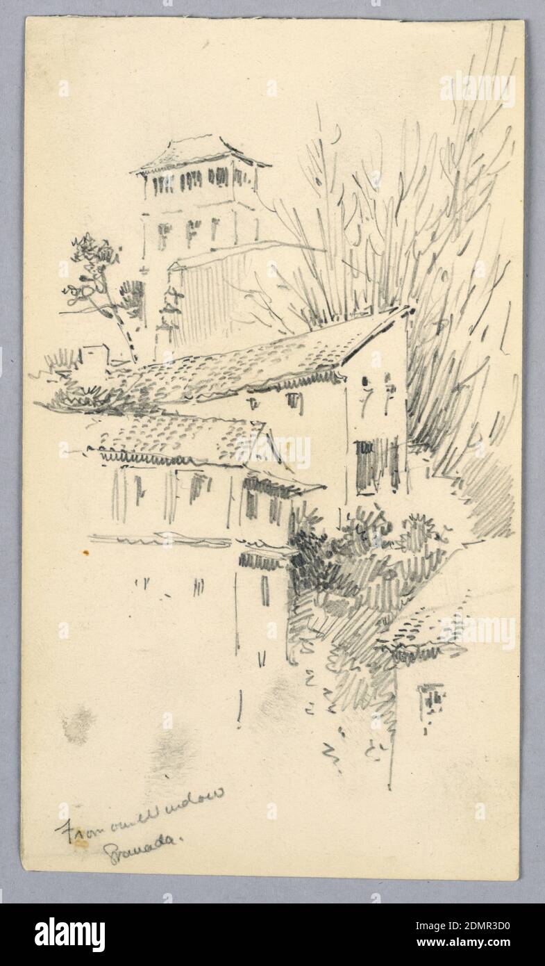 From Our Window Granada, Arnold William Brunner, American, 1857–1925, Graphite on paper, Looking up a slope, past houses and foliage to a tower, USA, 1892, architecture, Drawing Stock Photo