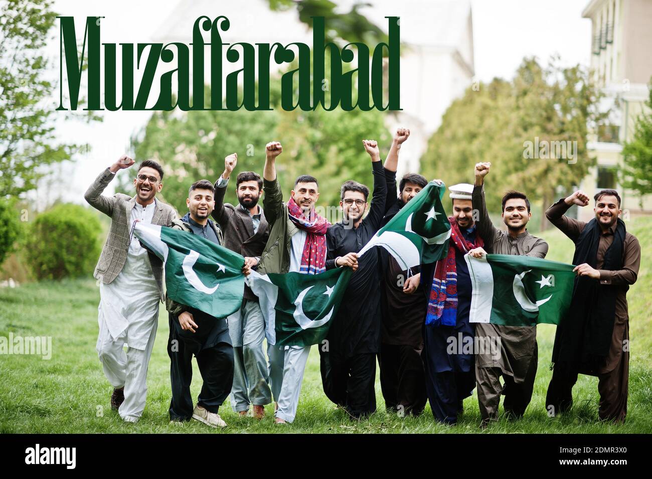 Muzaffarabad city. Group of pakistani man wearing traditional clothes with national flags. Biggest cities of Pakistan concept. Stock Photo