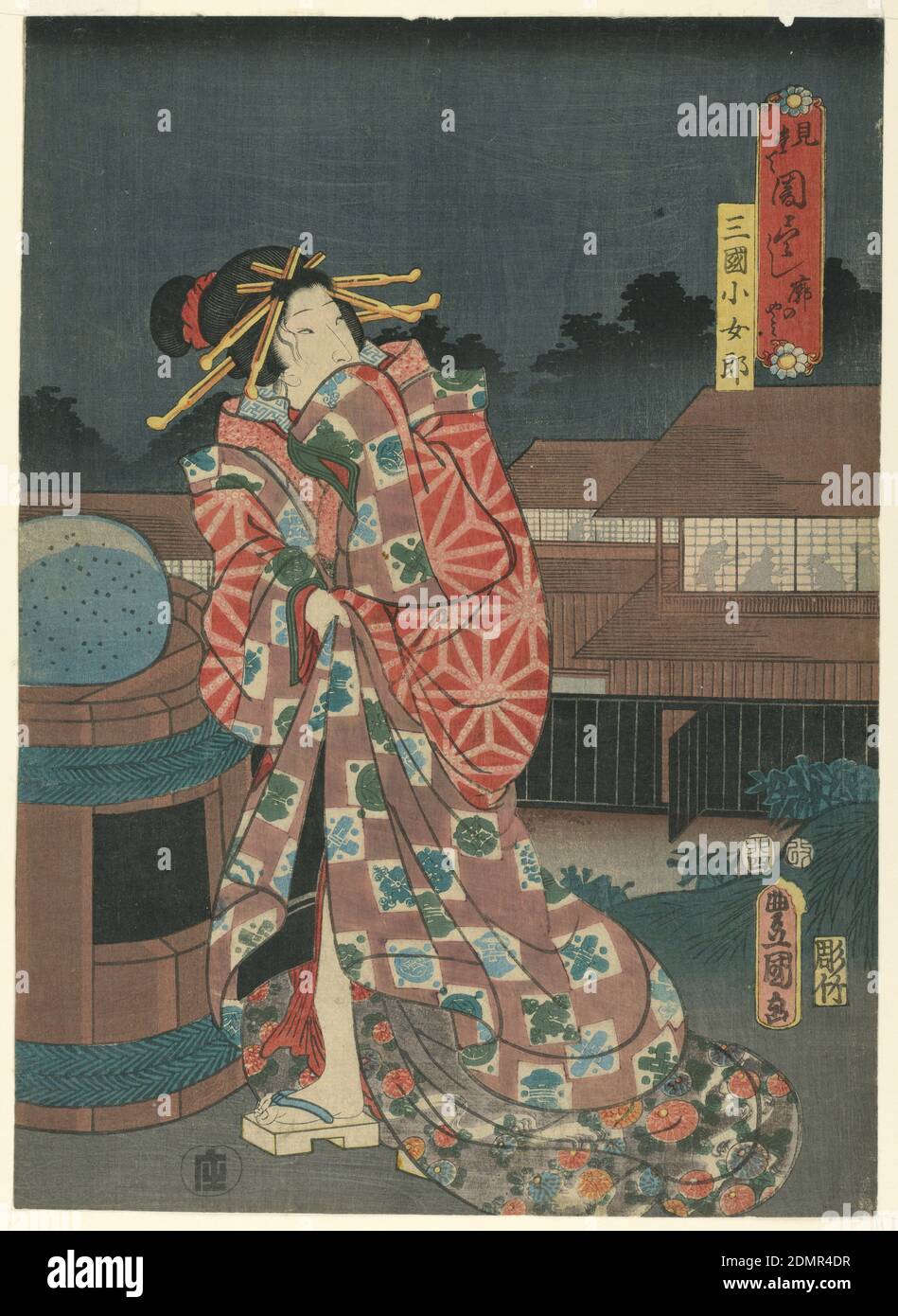 Geisha, Utagawa Kunisada, Japanese, 1786 – 1864, Woodblock print in colored ink on paper, Utagawa Kunisada is one of the lesser-known ukiyo-e printmakers, but he is no less talented than his contemporaries Hokusai and Hiroshige. Herem the architectural designs, wood mark in the night sky, and the magnitude of colors and prints in the geisha’s kimono are numerous examples as to how Kunisada is just as talented. Kunisada’s mostly known for depicting women, kabuki actors, and couples in the thrawls of lovemaking., Japan, 1855, theater, Print Stock Photo