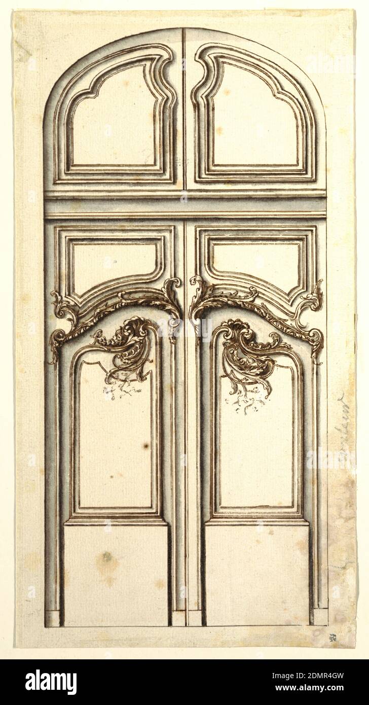 Design for a door, Pen and brown ink, brush and water color, graphite on  paper, Folding door with a similar lunette section over a horizontal beam.  The decoration consists of two tablets