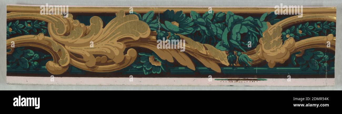 Border, Block-printed, Ocher and metallic gold scrolling foliage, intertwined with swag of green flowers., possibly France, ca. 1850, Wallcoverings, Border Stock Photo