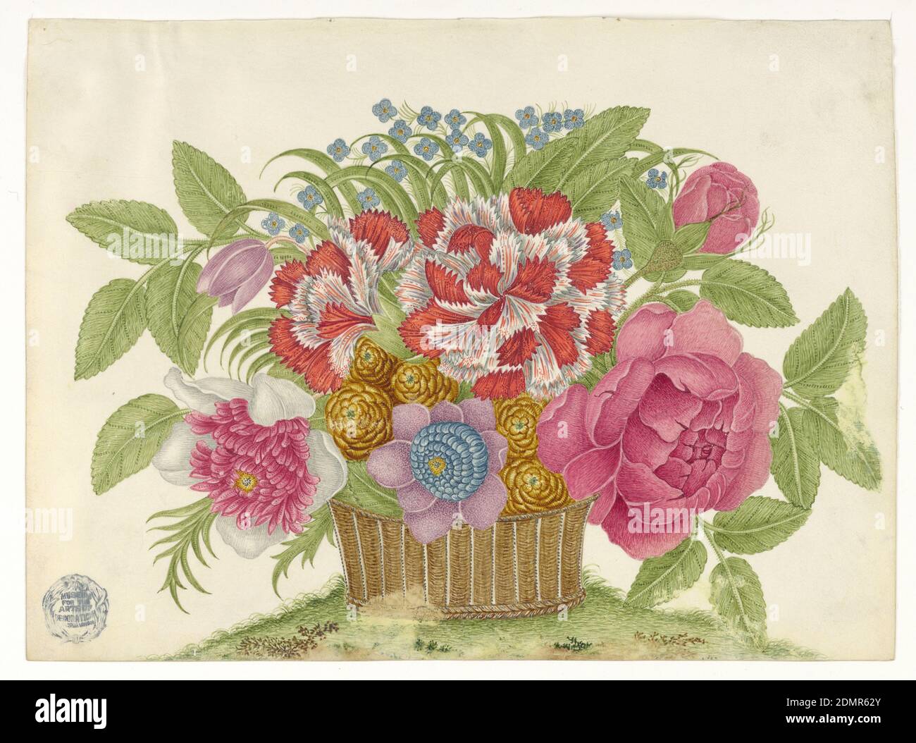 Basket of Blooms on Earth, Pen and ink, graphite on coated wove paper, Basket of Blooms on Earth, ca. 1800–1830, Drawing Stock Photo