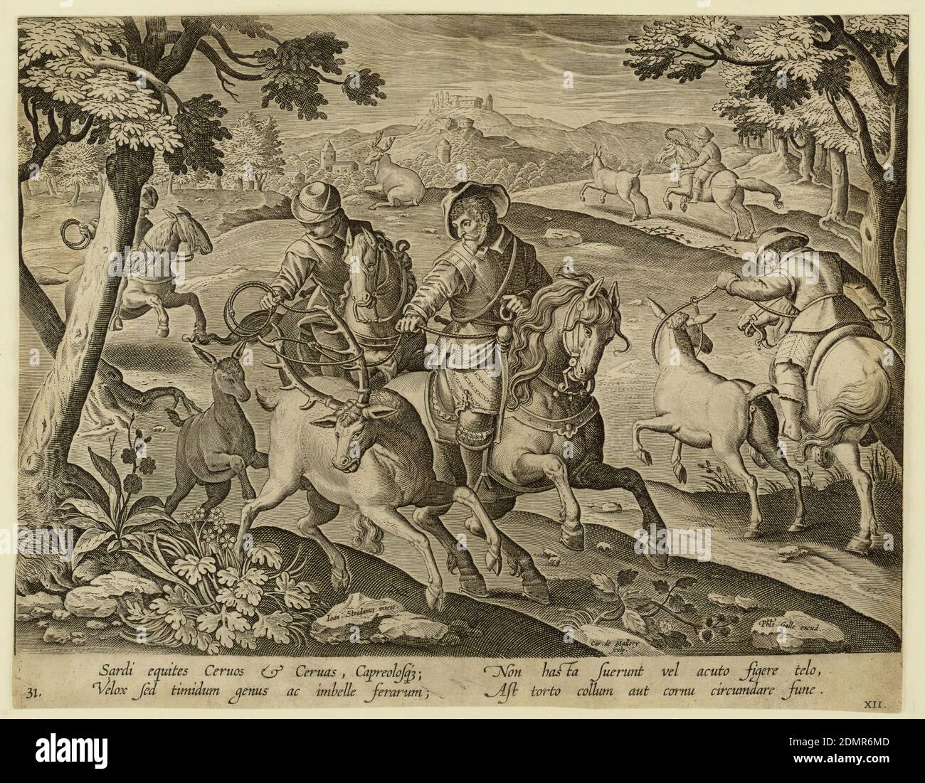Trapping deer, Jan van der Straet, called Stradanus, Flemish, 1523–1605, Karel van Mallery, Philips Galle, Flemish, 1537 - 1612, Engraving on paper, Horizontal rectangle. Hunters on horseback lasso deer in foreground; on stone, near left center: 'Ioan. Stradanus invent.'; at lower right: 'Car. de Mallery Sculp. Phls Galle excud.', Netherlands, ca. 1595, figures, Print Stock Photo