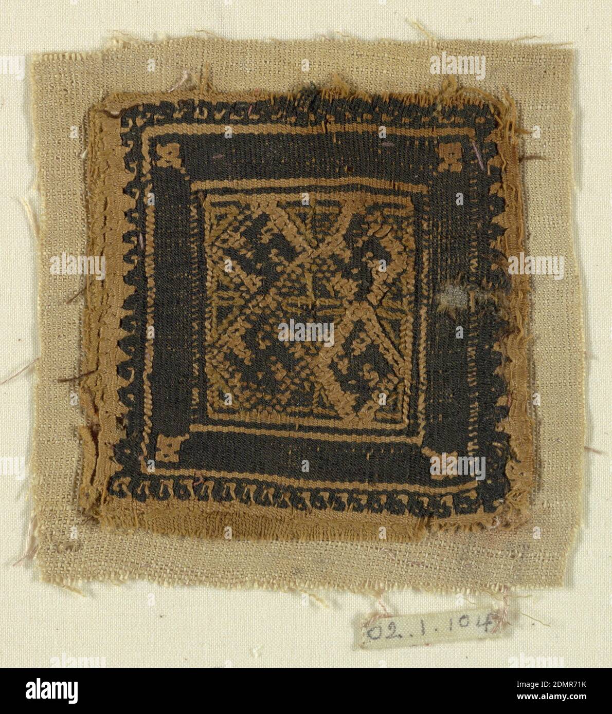 Square, Medium: wool, linen Technique: slit tapestry with supplementary wrapping, Inner square containing four swastikas within plain outer frame. Paint has been applied to the mount., Egypt, 3rd–4th century, woven textiles, Square Stock Photo