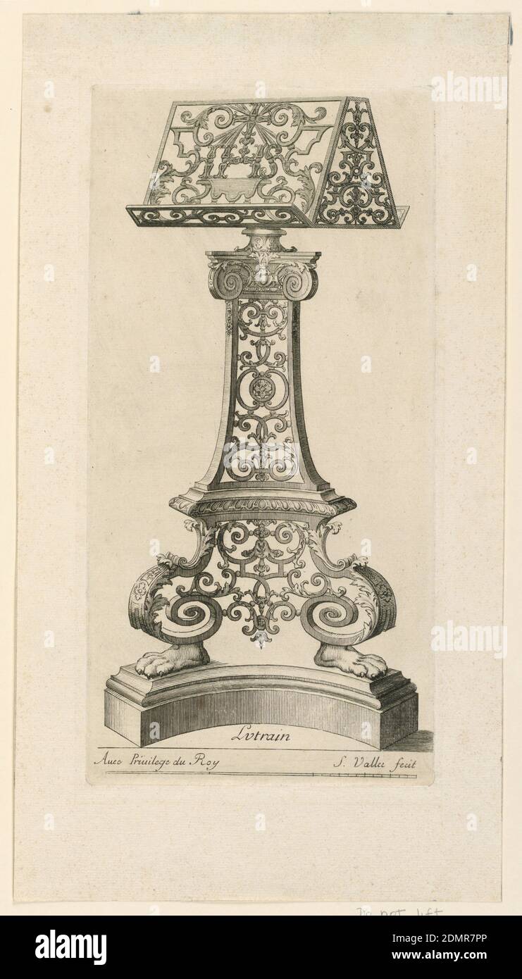 Design for a Wrought Iron Lecturn, from ' Divers Livres de Serrurie', Engraving on paper, The stand is shown de face, the top slightly obliquely., France, ca. 1690, Print Stock Photo