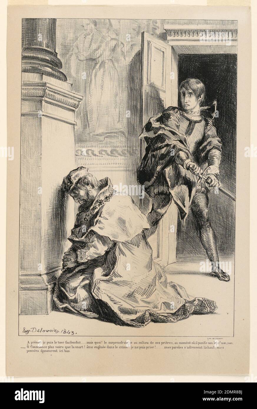 Illustration for Hamlet: Hamlet Tempted to Kill the King (III,3), Eugène Delacroix, French, 1798 - 1863, Lithograph on paper, Hamlet Tempted to Kill the King (III,3), France, 1843, Print Stock Photo