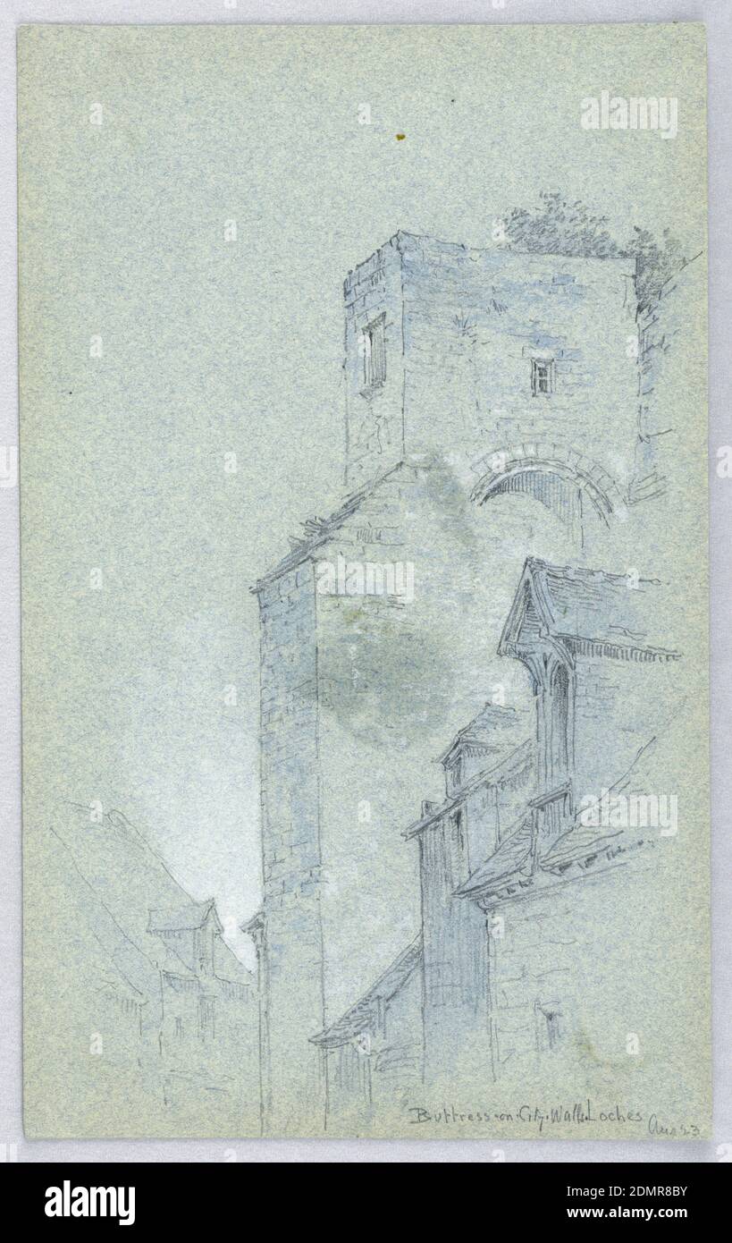 Buttresses on City Walls; Loches, Arnold William Brunner, American, 1857–1925, Graphite, brush with blue wash and white heightening on blue-grey paper, Stone or brick buttress juts from right, Houses below, right and left., USA, 1883, architecture, Drawing Stock Photo