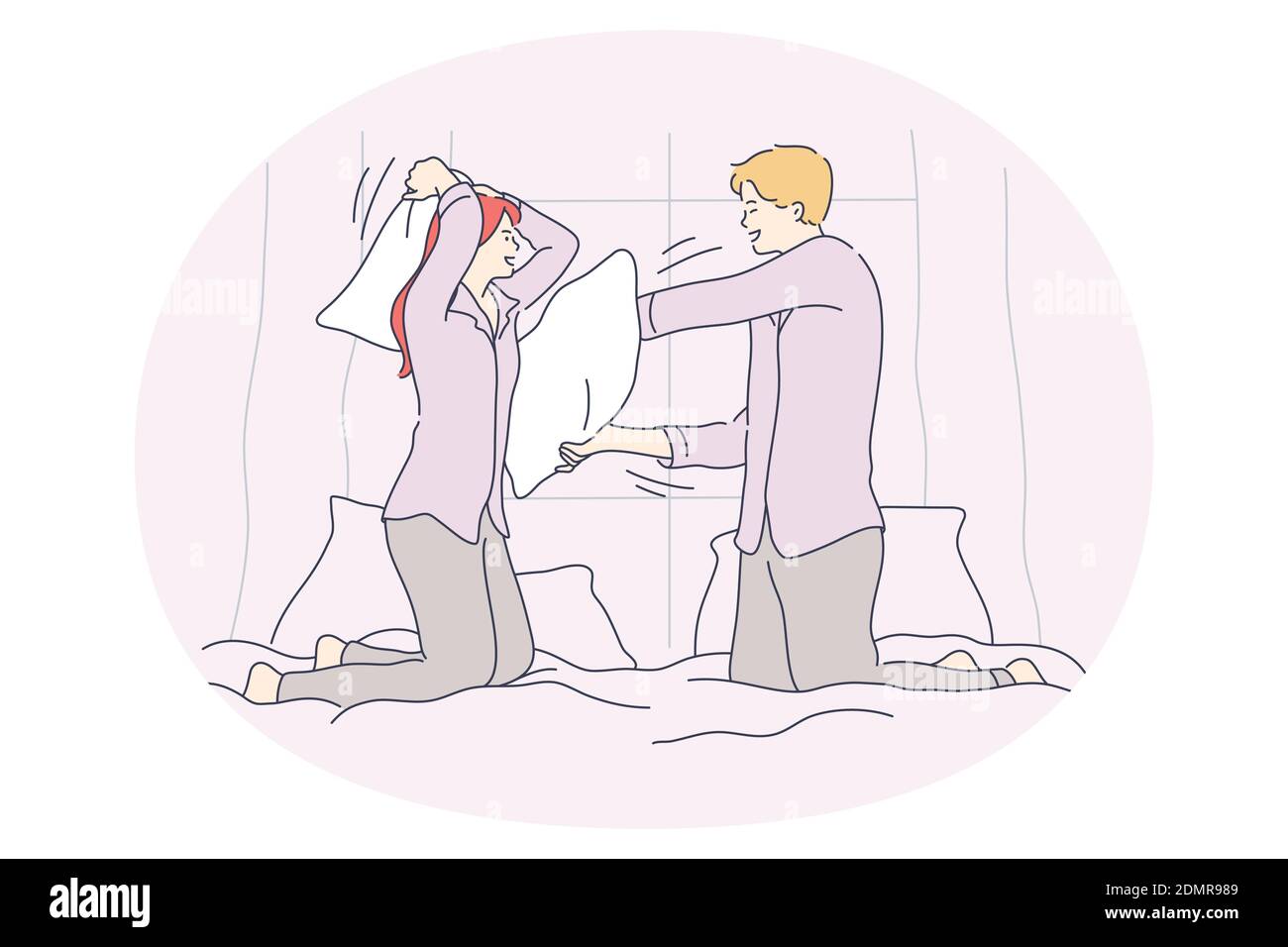 Pillow fighting and battle concept. Young happy couple fighting with pillows in bed and having fun during funny cheerful jaunt pastime together at hom Stock Vector