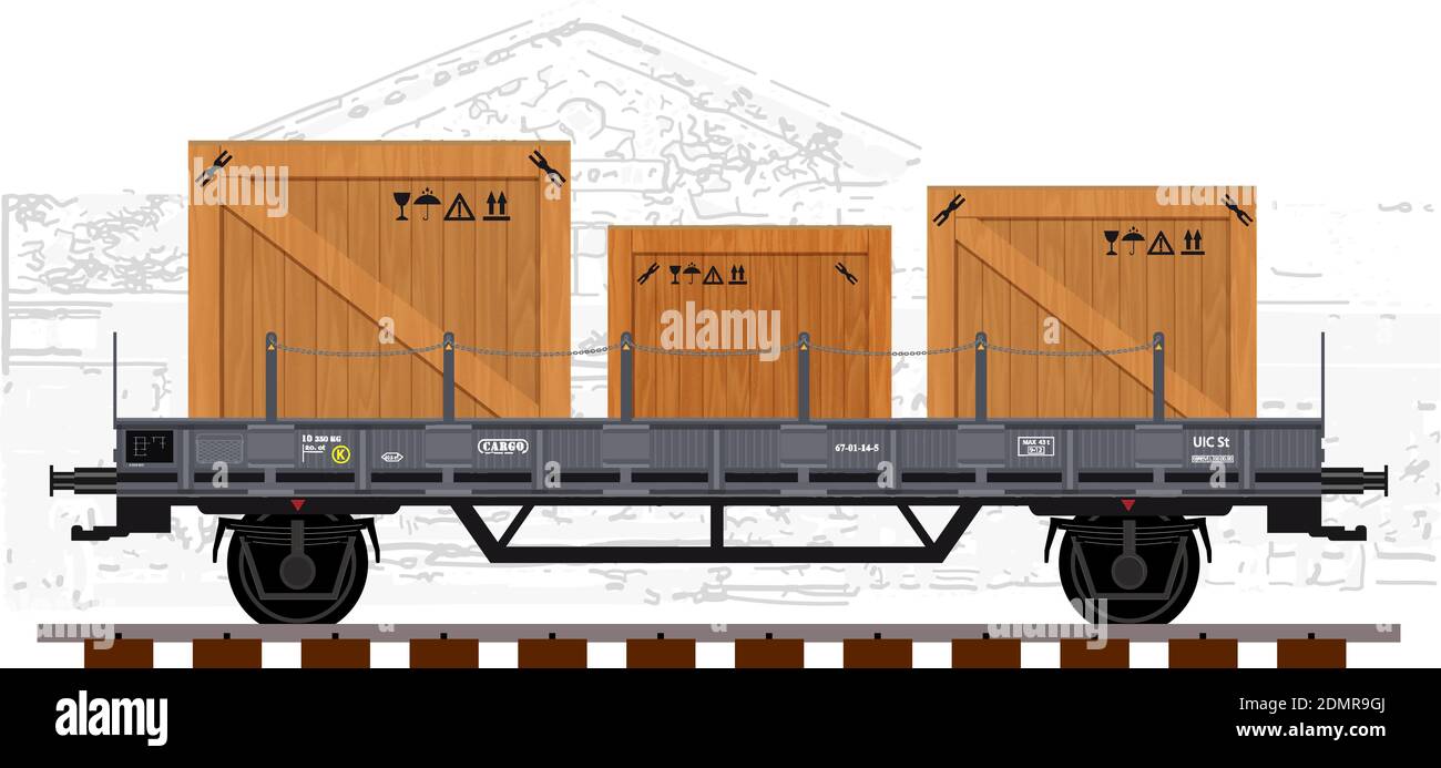 Railway cargo transport wagon with some transport wooden crates. Detailed vector illustration. Stock Vector