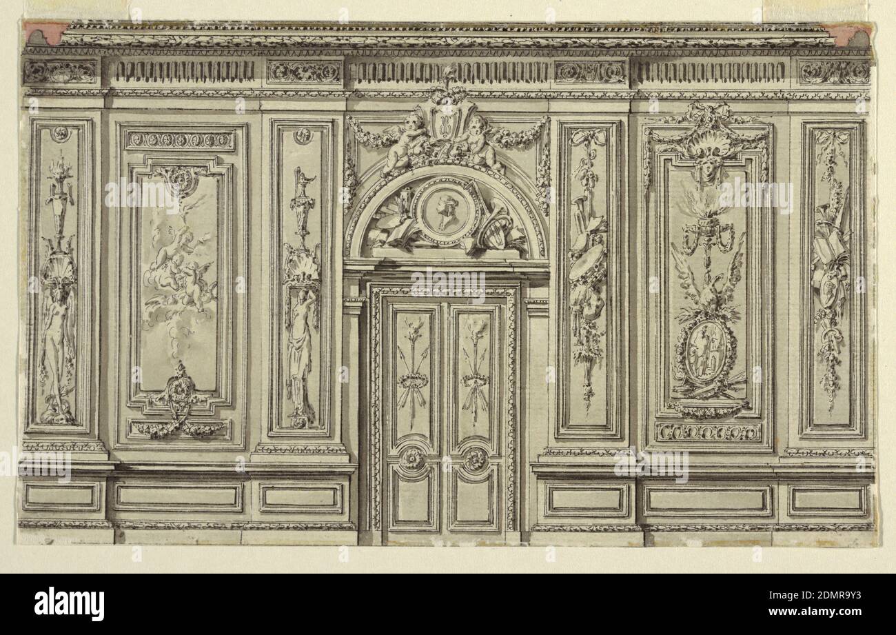The Elevation Of The Entrance Wall Of A Drawing Room With Alternative Suggestions Jean Charles Delafosse French 1734 1791 Pen And Black Ink Brush And Grey Wash With Red Crayon On Off White Laid Paper