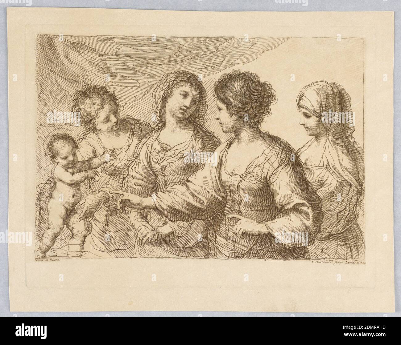Four Women With a Boy, Francesco Bartolozzi, Italian, active England, 1727–1815, Giovanni Francesco Barbieri (called Guercino), Italian, 1591 – 1666, Engraving in brown ink on beige paper, Four women before a curtain. The Child standing at the left, one woman (far left) supporting him, another, pointing to him with both hands. Below, the artist' names and place and date., Italy, 1764, Print Stock Photo