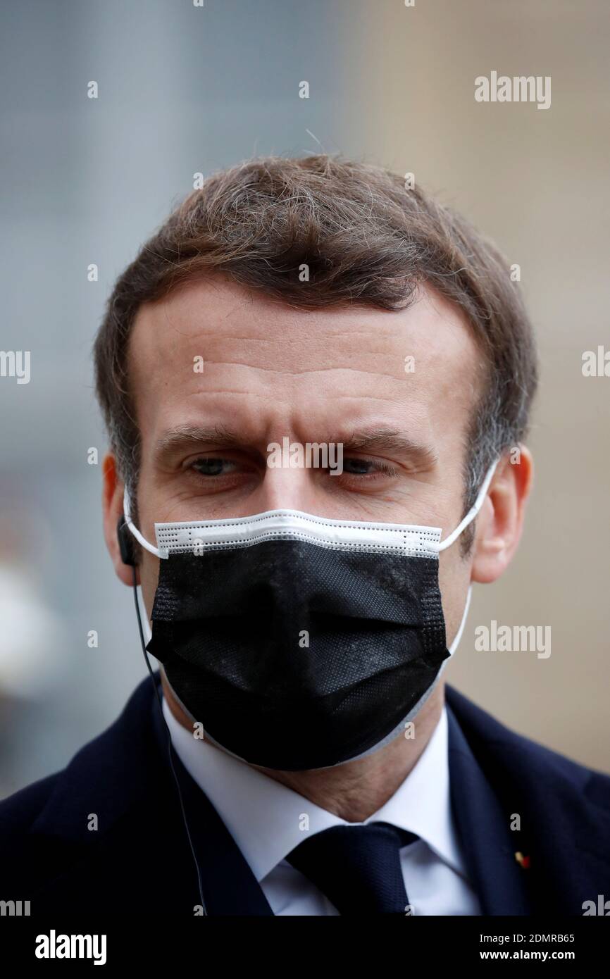 French President Emmanuel Macron Wearing A Protective Face Mask Talks To The Media With Portugal S Prime Minister Antonio Costa Not Seen Before A Meeting At The Elysee Palace In Paris France December