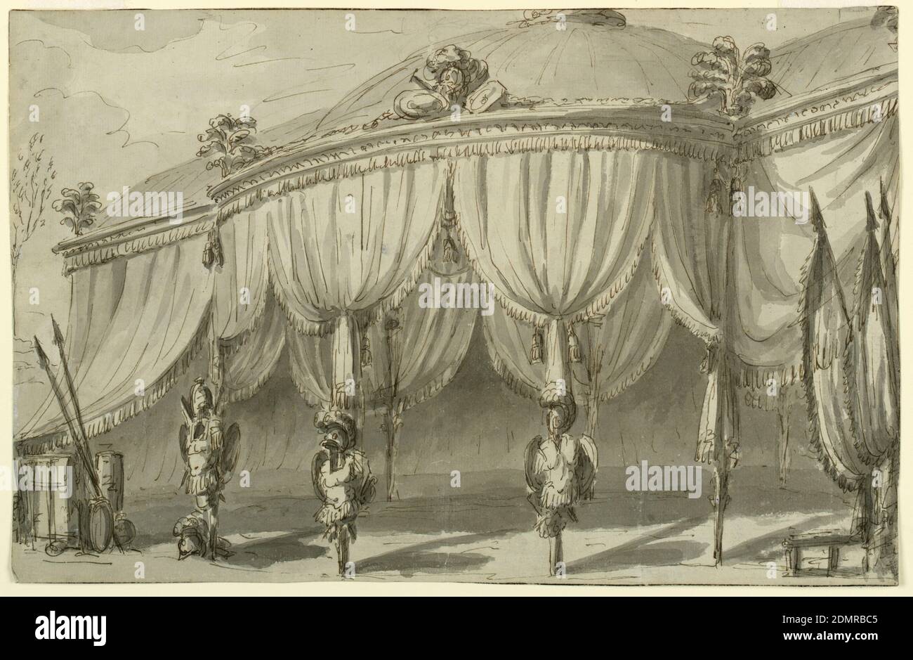 Stage Design, A Pavilion with Trophies of War, Giuseppe Barberi, Italian, 1746–1809, Pen and brown ink, brush and gray wash, slight traces of black chalk on blue-white laid paper, Horizontal rectangle. Stage design for a pavilion with broad quatrefoil plan. The three central parts at the front are decorated with war trophies, possibly the armor of enemies. At left is a group of weapons, including spears and shields. At right a group of colored banners. Above the entablature, in the center, is a trophy and in the corners bunches of feathers., Italy, ca. 1820, theater, Drawing Stock Photo