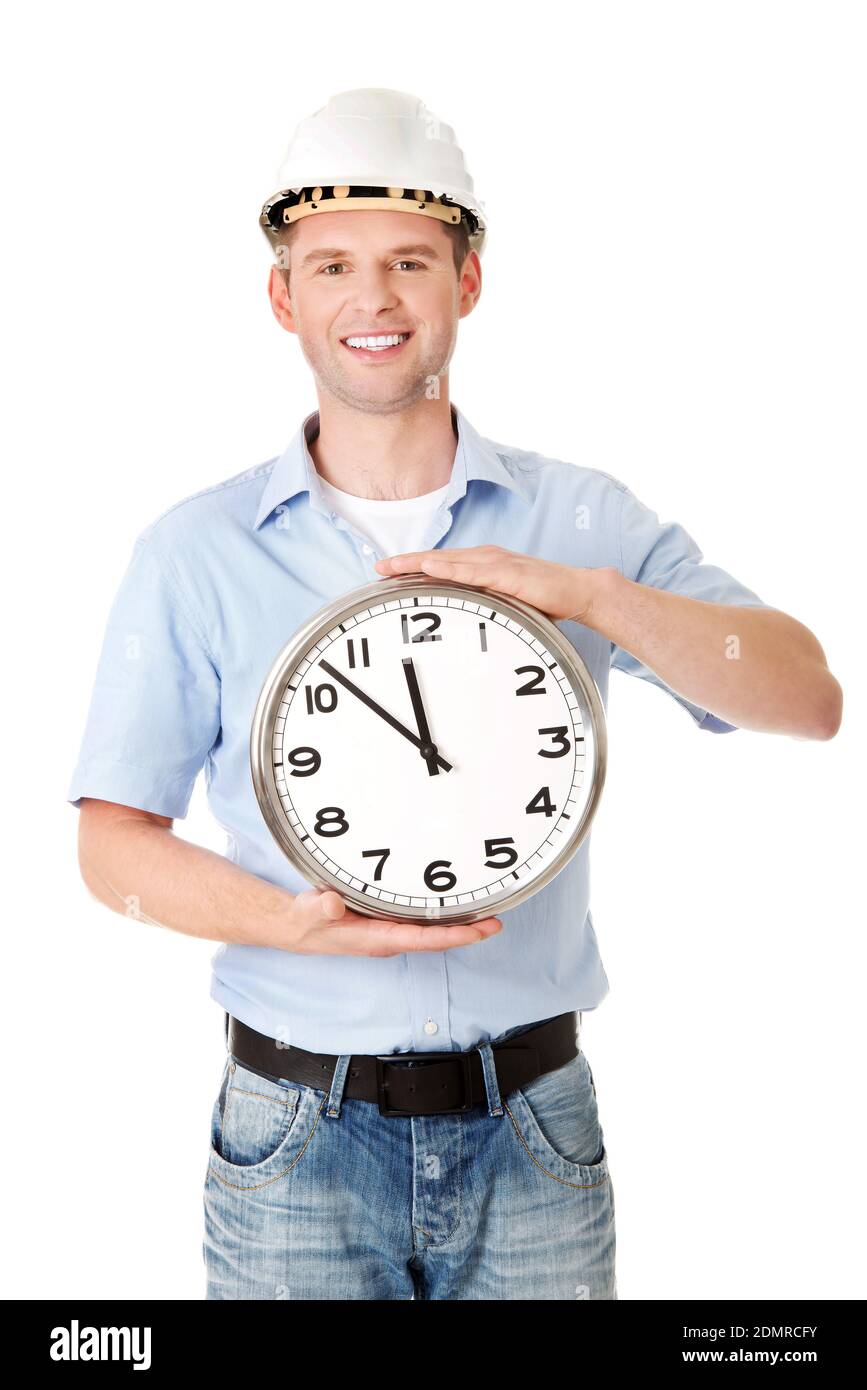 Architect Holding Clock Against White Background Stock Photo - Alamy