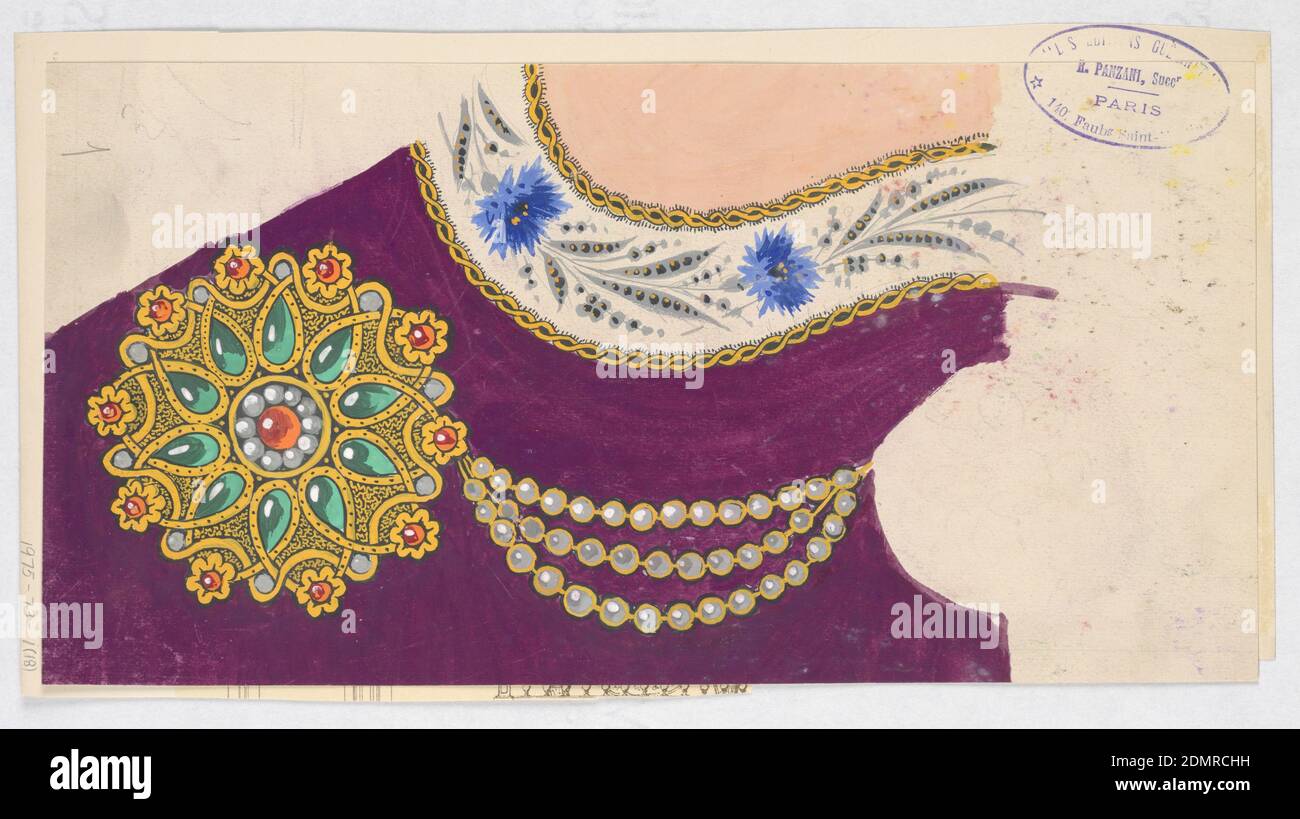 Drawing, Brush and gouache, graphite on cream paper, mounted on cream paper, Partial design. String of pearls with large floral gold pendant with pearls, emeralds, and rubies. Left, curved band framed by gold chains and filled with blue flowers and gray leaves on white ground., France and USA, late 19th century, textile designs, Drawing Stock Photo