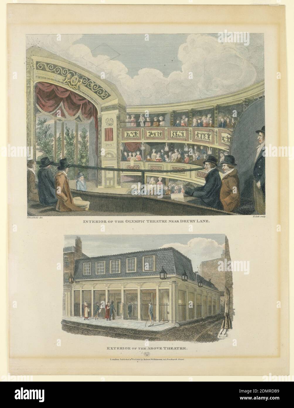 Interior and Exterior of the Olympic Theater, Near Drury Lane, London, Jacob C. Schnebbelie, 1760–1792, Thomas Cook, 1744–1818, Etching, hand colored, England, 1816, theater, Print Stock Photo