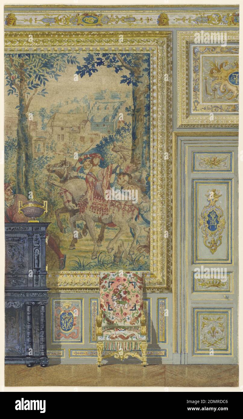 Section of a wall showing portion of Flemish tapestry, Tapestry room, Palace of Fontainebleau, France, Frederick Marschall, Brush and watercolor, tempera on heavy paper, Section of wall, showing portion of one of seven Flemish tapestries set in wide gold frame. Right, door and wainscoting contain panels with monogram of Louis XIV. Sideboard and chair against wall., USA, ca. 1885, interiors, Drawing Stock Photo