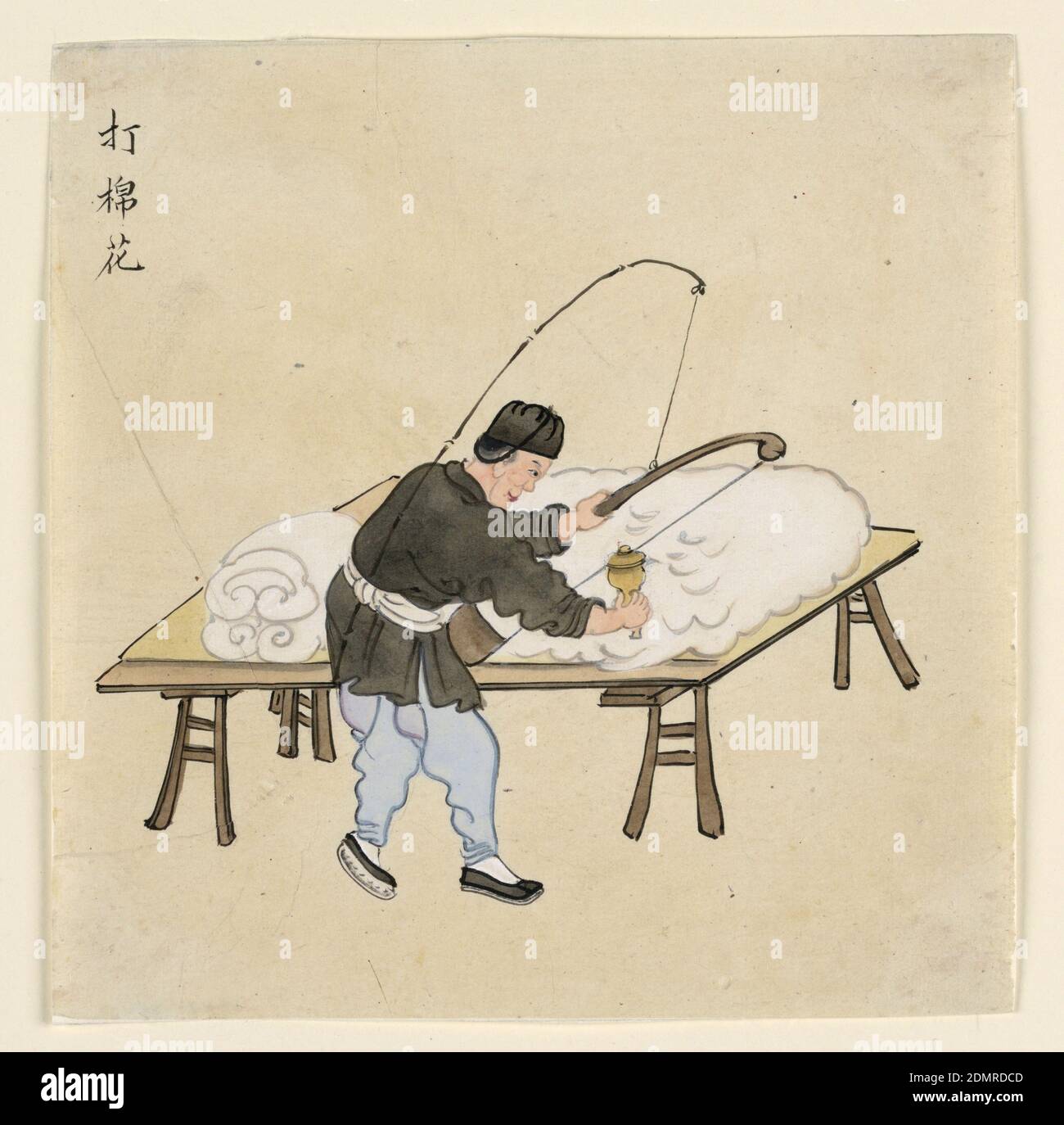 Beating Cotton, Brush and watercolor on mulberry paper, Figure of a Chinese man beating cotton on a broad, flat table. He is shown facing right in profile. Chinese characters in upper left., China, ca. 1815, figures, Drawing Stock Photo