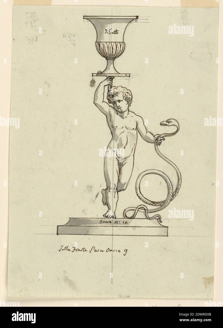 Design for a Candlestick, Pietro Belli, Italian, 1780–1828, Pen and ink, brush and gray watercolor, graphite on green-gray paper, Vertical rectangle. Design for a candlestick. Below is a base in whose upper moulding the designer inscribed in pen and ink 'onci 2:12.' The boy Hercules is shown standing upon his right leg and strangling a snake with his left hand. His right hand is raised, carrying a vase as the socket. Written on the vase is 'di Getto.' Accounts are written in graphite in the upper left corner in pen and ink on verso., Rome, Italy, mid- 19th century, lighting, Drawing Stock Photo