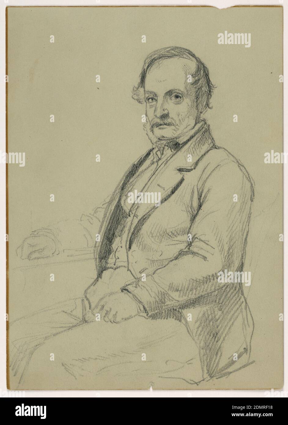Man Seated, Daniel Huntington, American, 1816–1906, Graphite on green-grey paper Verso: Graphite, white chalk on green-grey paper, Three-quarter view of man seated, facing left, with left arm more developed than right. Verso: Man's hand holding book on lap, with upper leg of man., USA, USA, ca. 1860, figures, Drawing Stock Photo