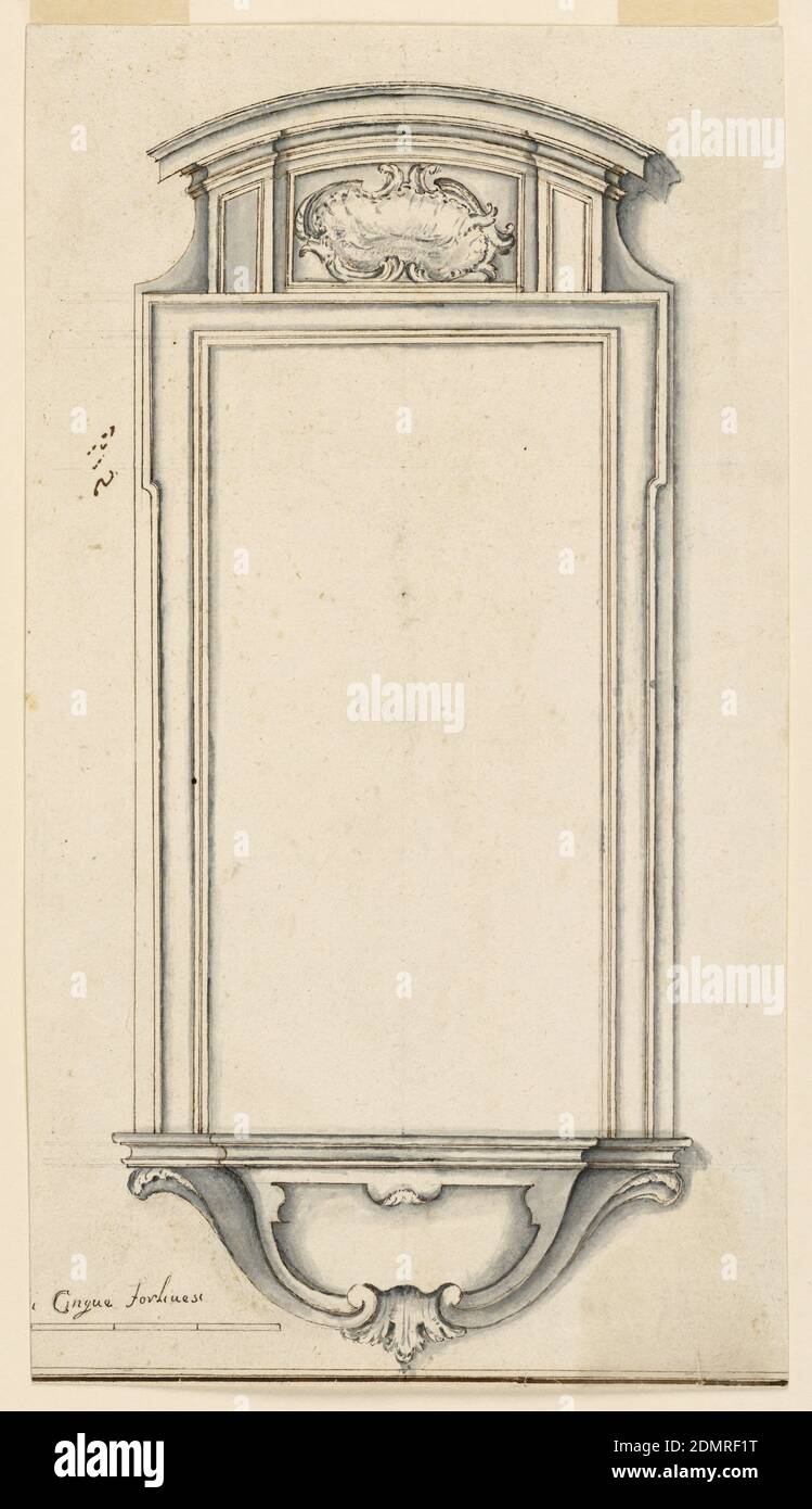 Project for a Window Case, Pen and brown ink, brush and gray wash, traces of graphite on off-white laid paper, Window case; in pediment an escutcheon with alternative suggestions. Below, part of the scale., Italy, 1775–1800, architecture, Drawing Stock Photo
