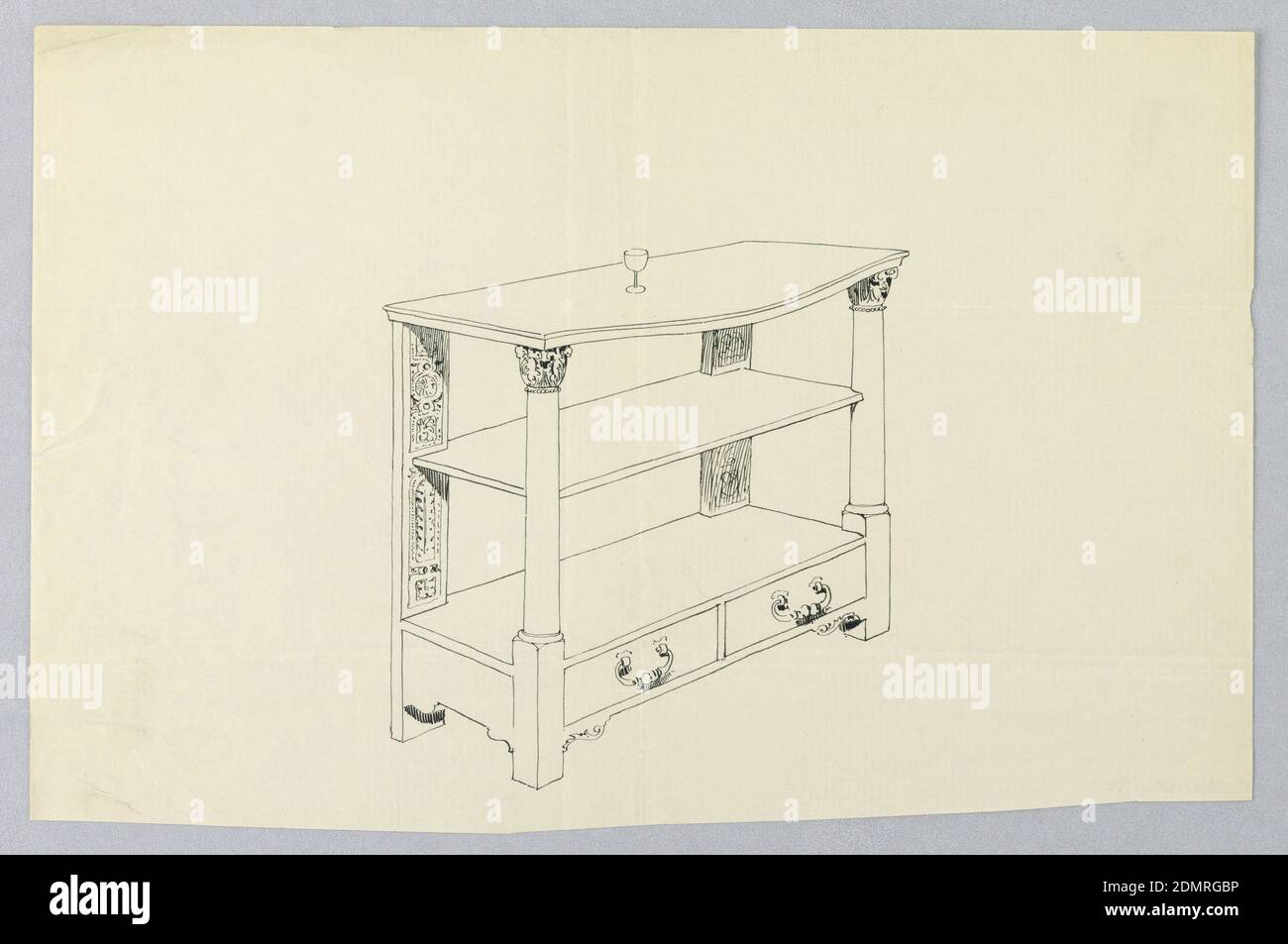Design for Side Serving Table with two shelves adorned by two Corinthian- column front supports on a two-drawer base, A.N. Davenport Co., Pen and black ink on thin cream paper, Table with oblong top (convex front) resting on two Corinthian column front supports and two flat, ornately-carved back supports. Shelf unit in middle. Base is made up of two drawers (a unit on short legs so it is raised off the floor). A wine glass stands atop the table., 1900–05, furniture, Drawing Stock Photo