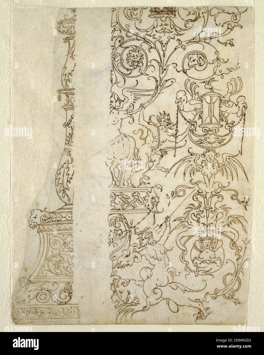 Design for Candelabrum and Panel of Grotesques, Pen and brown ink on paper, lined, At left, a double baluster candelabrum in profile with ram's head and sphinx on pedestal. At right, a grotesque design shows sphinxes, harpies, roosters and satyrs with hourglass entwined with vine tendrils., Italy, early 16th century, ornament, Drawing Stock Photo