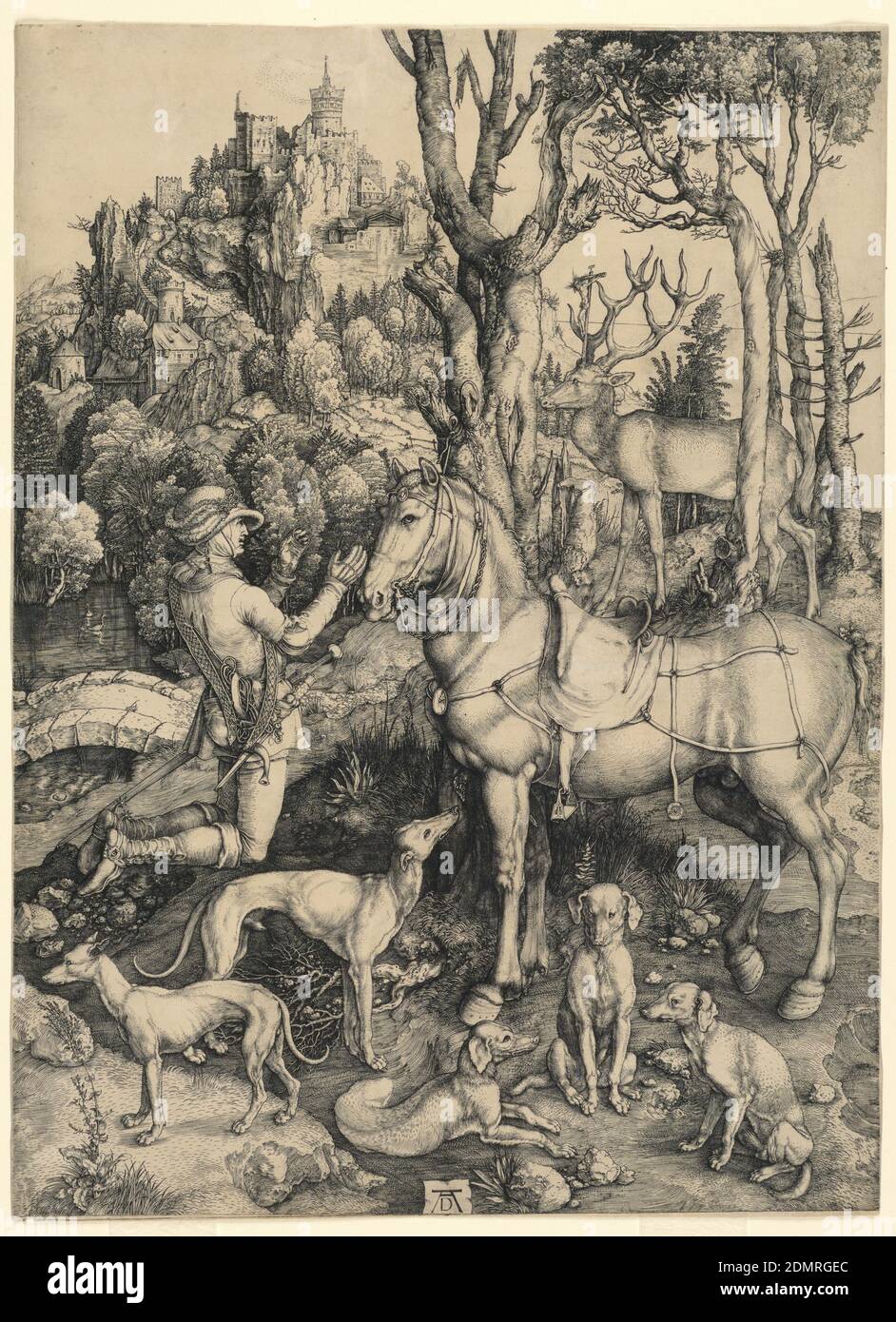 St. Eustace, Albrecht Dürer, German, 1471–1528, Engraving on off-white laid paper, In a wooded landscape St. Eustace, with horse and hounds, is seen in right profile kneeling in attitude. of devotion. In the right middle distance appears the stag with the crucifix protruding from the horns. on a simulated parchment sheet, bottom center, is the monogram 'A D', Nuremberg, Germany, ca. 1501, figures, Print Stock Photo