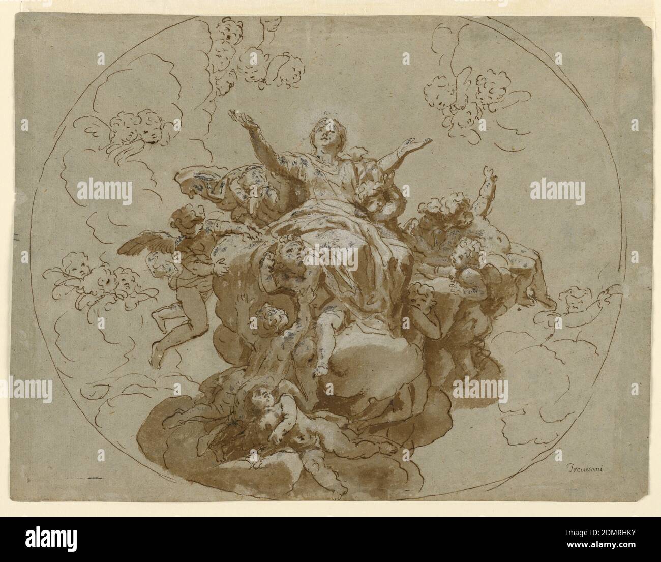 Design for a Ceiling with the Ascension of the Virgin, Francesco Trevisani, Italian, 1656 - 1746, Pen and ink, brush and bistre, white heightening on paper, Seated on clouds and attended by angels, the Virgin is raised to heaven., Italy, 1700–1730, interiors, Drawing Stock Photo