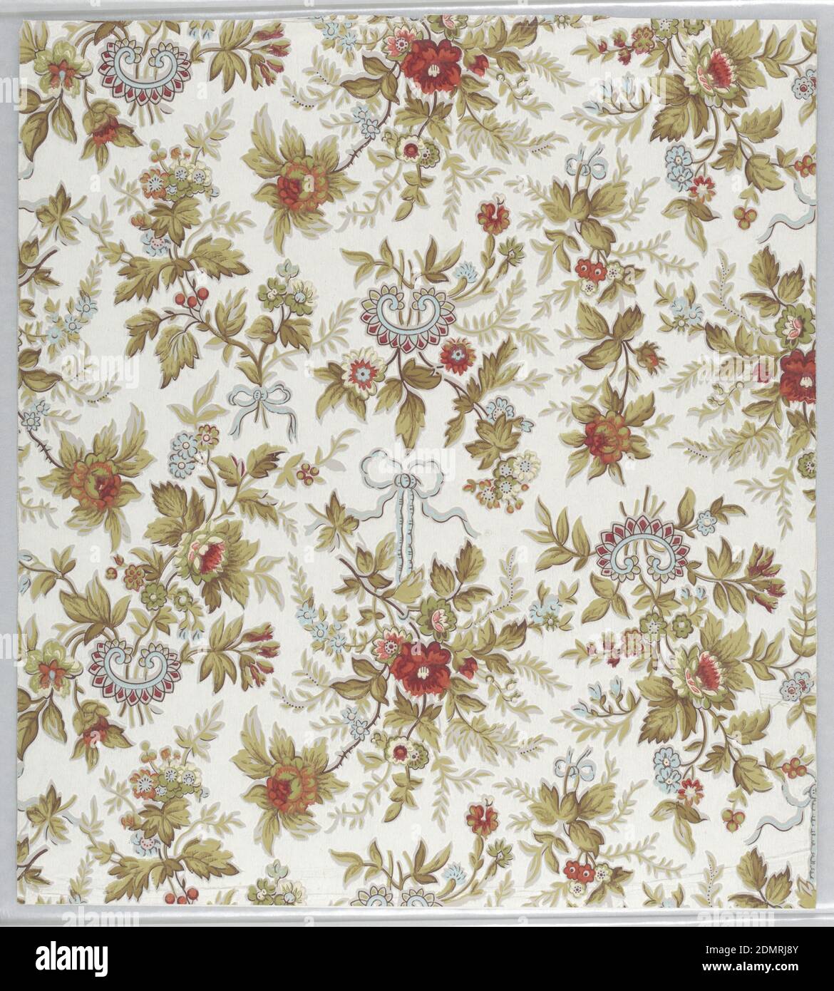 Sidewall, Machine-printed paper, Aesthetic style design. Neo-Rococo pattern with five motifs of bunches of flowers arranged jigsaw-like; bunches alternatively tied at their base by ribbons with bow knots, hanging from a looped ribbon, or sprouting from an odd, chinoiserie horseshoe-shaped jewelry-like form; flow of growth is both upward and downward; naturalistic coloring and shading with light blue, red, and cream predominantly used on the flowers, light blue on the ribbons, and light blue, red, and tan on the jewelry forms; white ground., USA, ca. 1880, Wallcoverings, Sidewall Stock Photo
