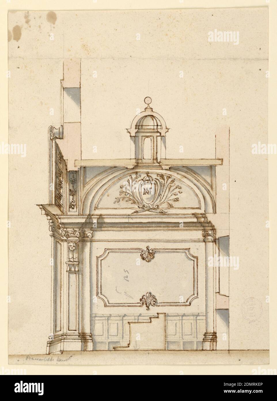 Project for the decoration of a chapel, Black chalk, pen, ink, brush, and grey, brown and rose water colors on paper., Italy, 1700–1730, architecture, Drawing Stock Photo