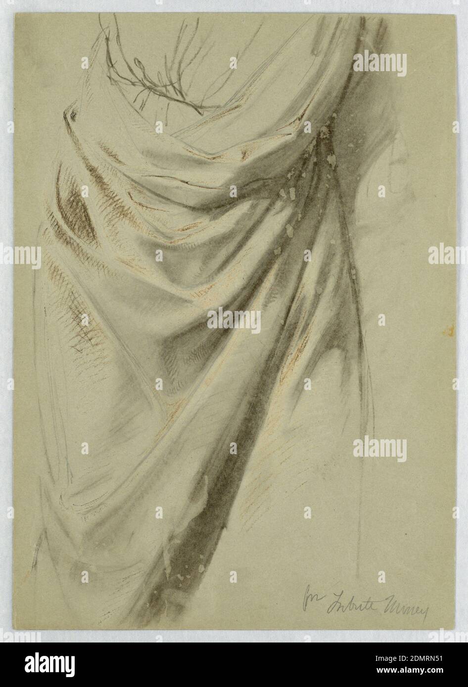 Drapery Study for 'Tribute Money', Daniel Huntington, American, 1816–1906, Graphite, brown chalk, white crayon on grey wove paper, Study of the drapery for the upper section of a toga., USA, USA, 1852, figures, Drawing Stock Photo