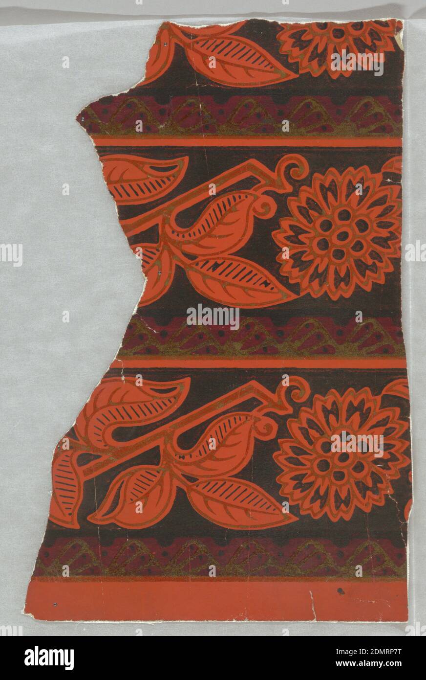 Border, Machine-printed paper, Small fragment displaying two and one half bands set with conventional chrysanthemum flower, and foliage clusters. Printed in black, red and gold on orange ground., USA, ca. 1890, Wallcoverings, Border Stock Photo