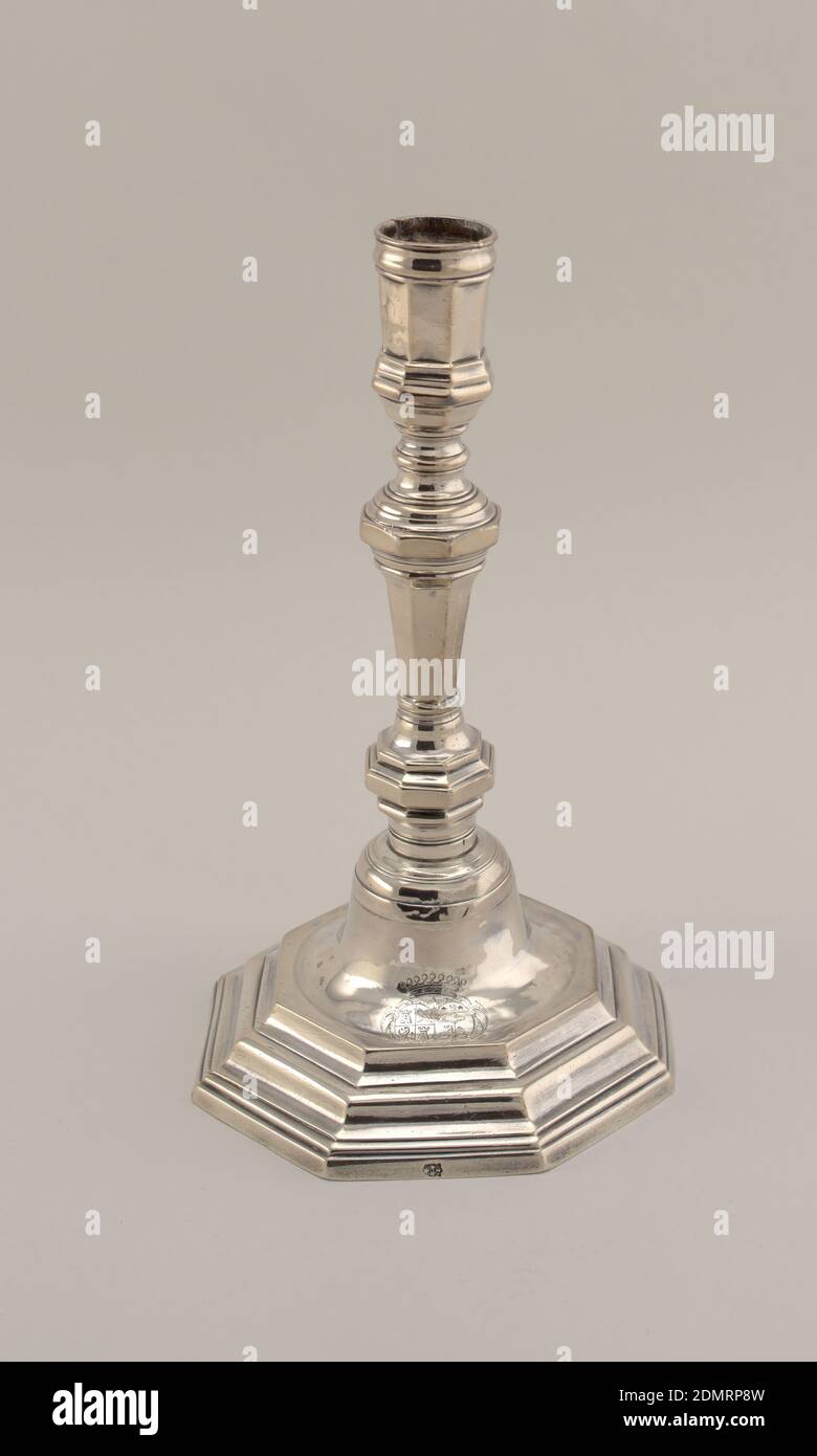 candlestick, silver, Eight-sided base from which rises a shaft with knobs and sockets of eight sides. Coat-of-arms engraved on the base., France, ca. 1720, metalwork, Decorative Arts, candlestick Stock Photo