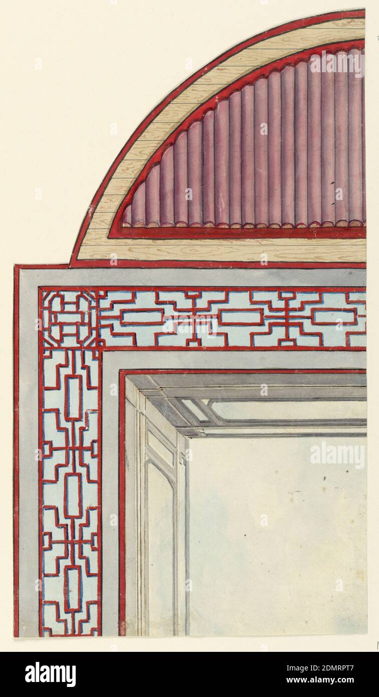 Ceiling Decoration, probably for the Conservatory/Music Room, Frederick Crace, English, 1779–1859, Brush and watercolor, gouache, pen and black ink on thick white wove paper, Vertical rectangle. Design for the Royal Pavilion, Brighton. Detail of a design for a ceiling divided into three compartments: a square and two half-oval sections. About one quarter of the design is shown, with the square containing the painted representation of a clouded sky, surmounted by a balustrade and a wide trellis-work border. The oval contains bamboo in striped pattern. Red Chinese fret. Stock Photo