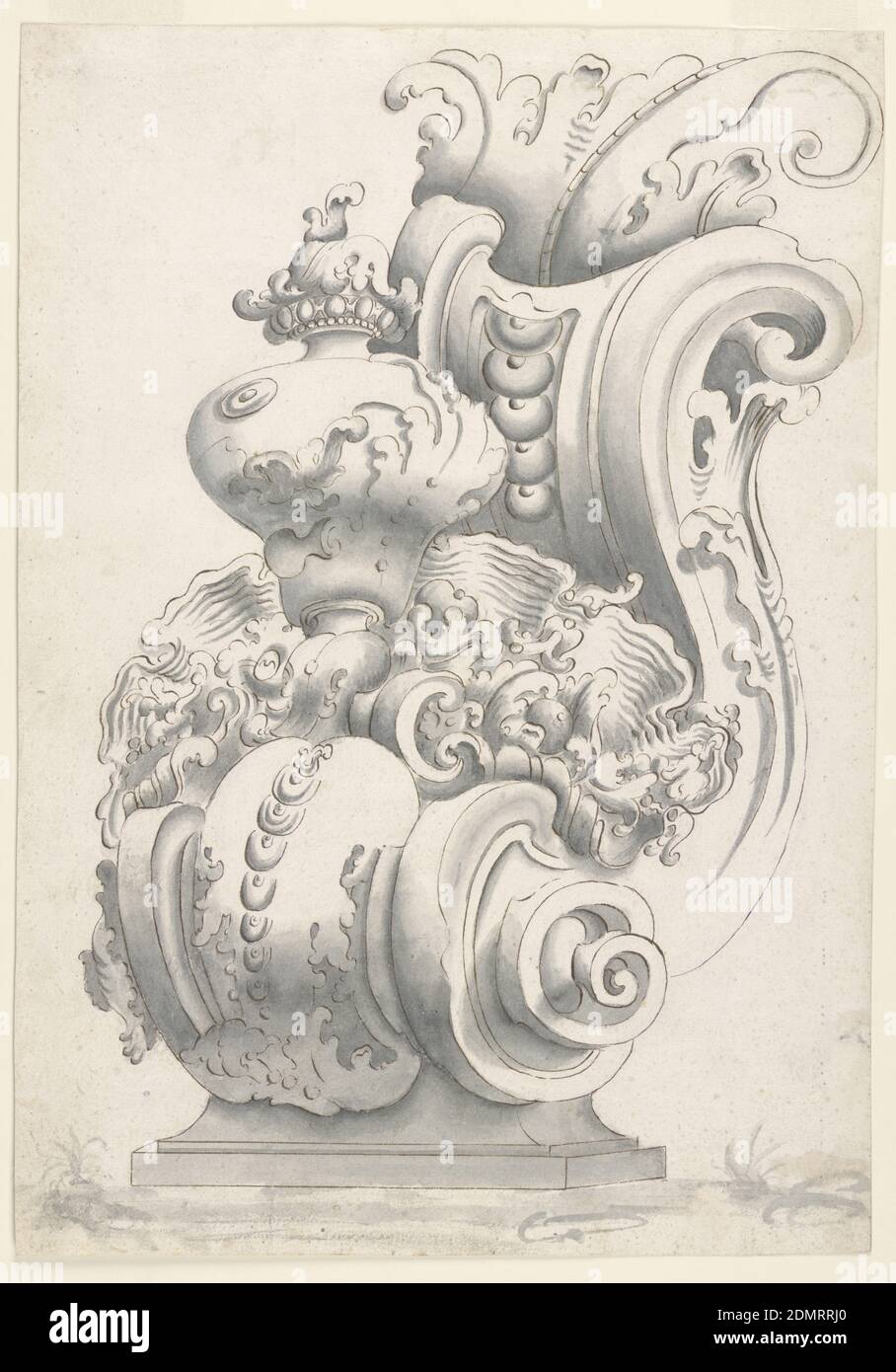 Design for a Bracket, Pen and brown ink, brush and gray wash on white laid paper, Vertical format design for a bracket. Scheme is that of a scroll, with a leaf on top of upper volute, and with a vase and shell on top of this lower volute. Verso: squared in graphite., Bologna, Italy, mid- 18th century, architecture, Drawing Stock Photo