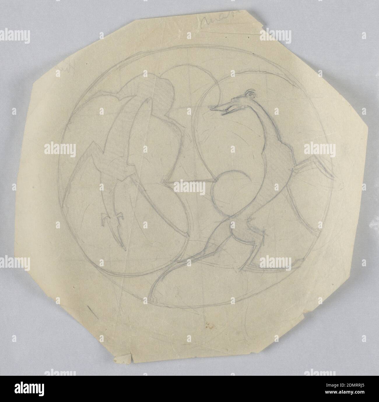 Hounds, William Hunt Diederich, American, b. Hungary, 1884–1953, Graphite on tracing paper, Circular design with two hounds., USA, ca. 1920, ornament, Drawing Stock Photo
